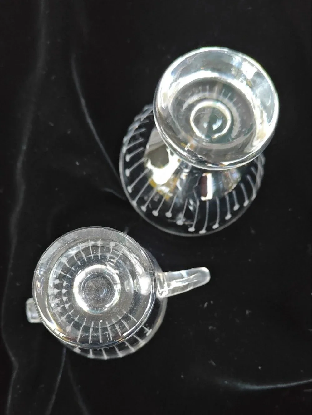 Clear Glass Creamer and Sugar Set with Etched Line And Dot Pattern